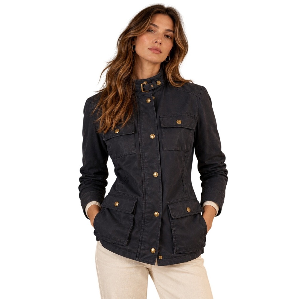 Banana Republic Waxed Coat Women XS Navy Plaid Lined Utility Field Heritage